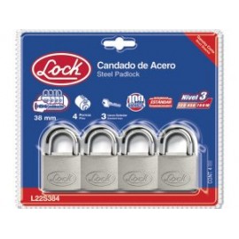 Candado acero corto llave estándar 4 pzs cromo satinado Lock