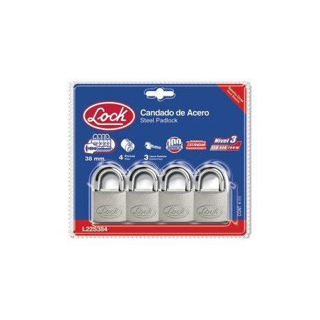 Candado acero corto llave estándar 4 pzs cromo satinado Lock