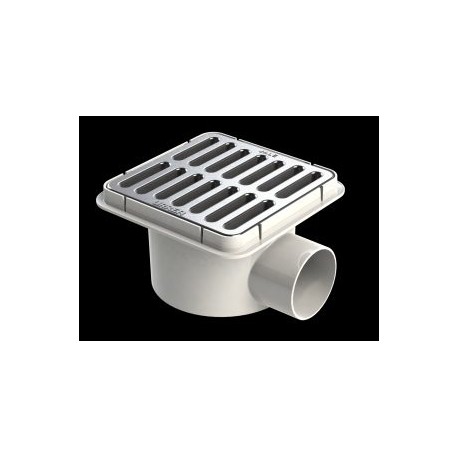 Coladera plástica cuadrada con salida lateral y rejilla de acero inoxidable