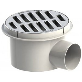 Coladera plástica redonda con salida lateral y  rejilla de acero inoxidable