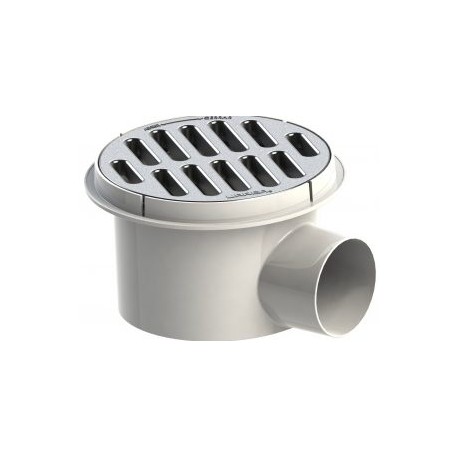 Coladera plástica redonda con salida lateral y  rejilla de acero inoxidable